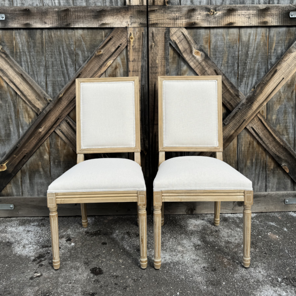 French Country Wood & Linen Beige Dining Chairs, Set of 2