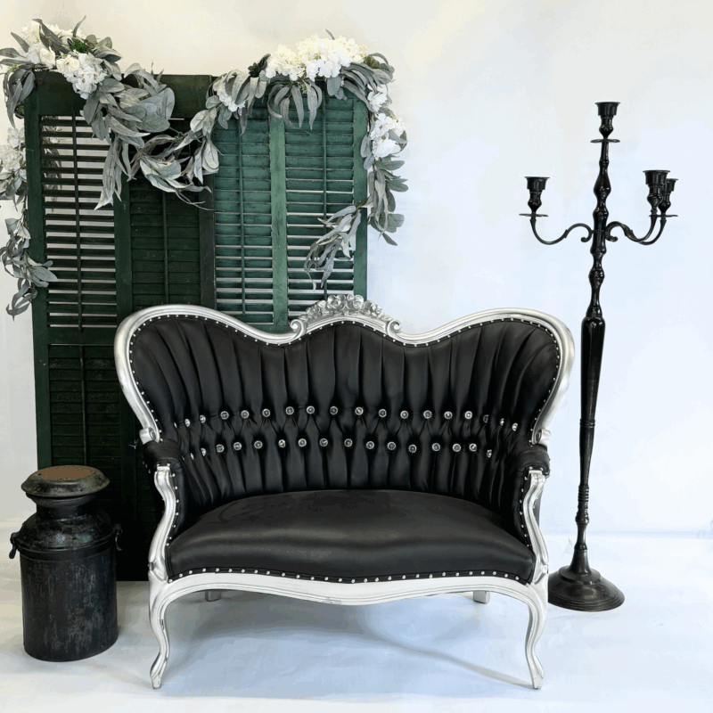 Black & Silver Leather Cabriole Settee