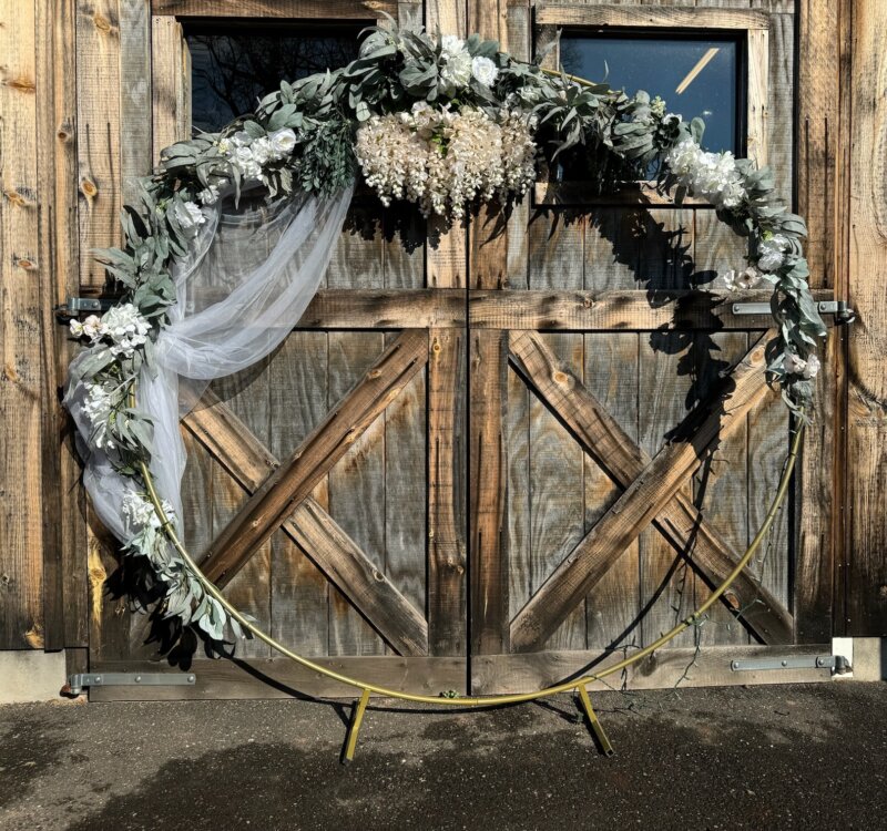 Circular Gold Arch w/ Faux Florals & Drape