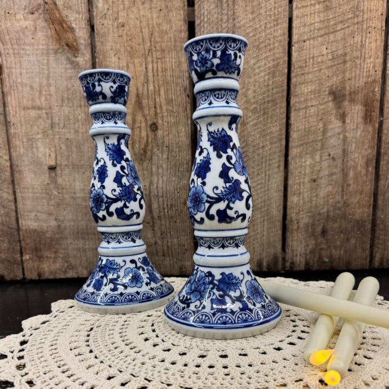 Blue Ceramic Candle Holders with Floral Design (Set of 2)