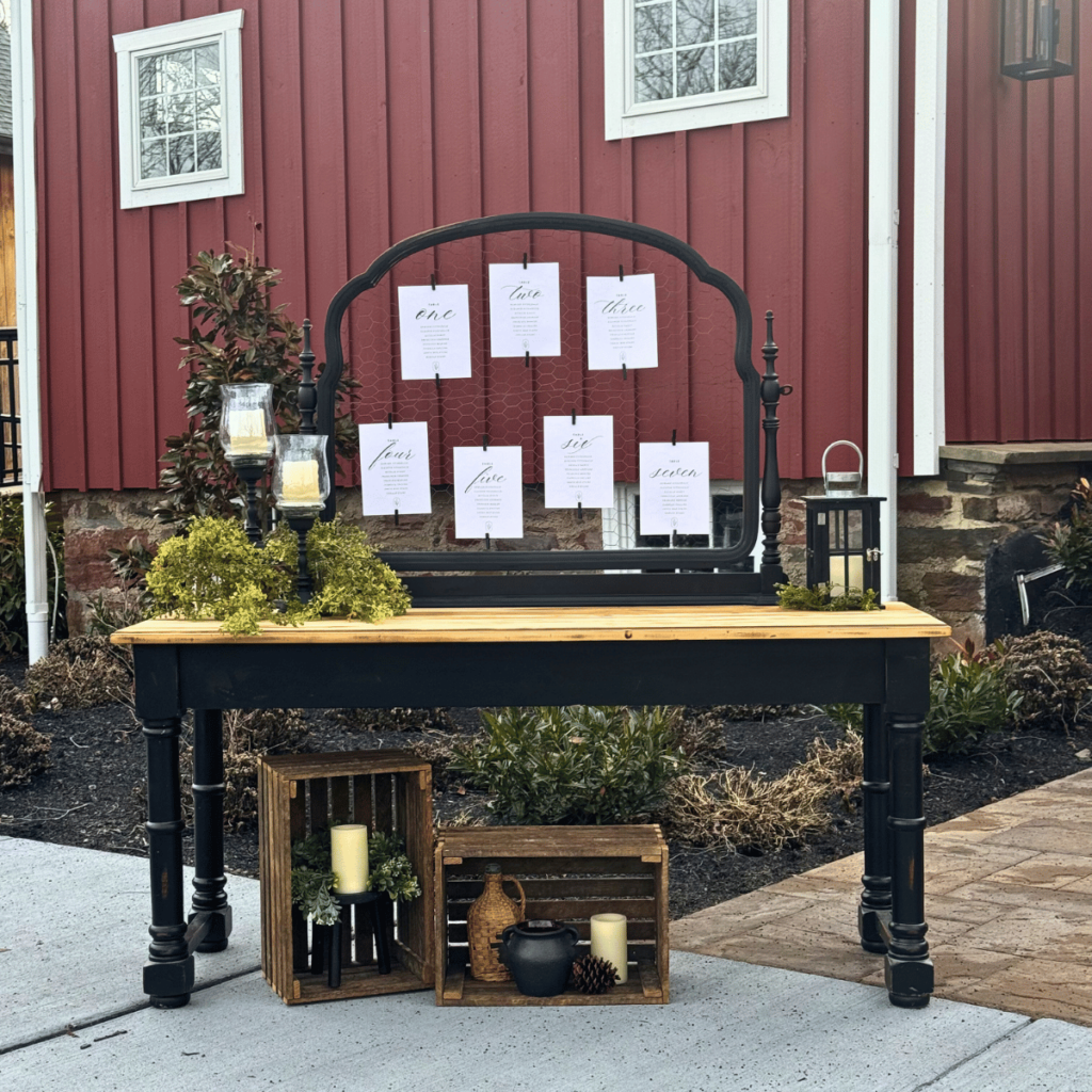 Rustic seating chart at Lochwood Manor, barn wedding venue