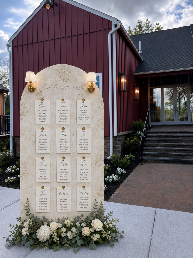 Rustic seating chart at Lochwood Manor, barn wedding venue